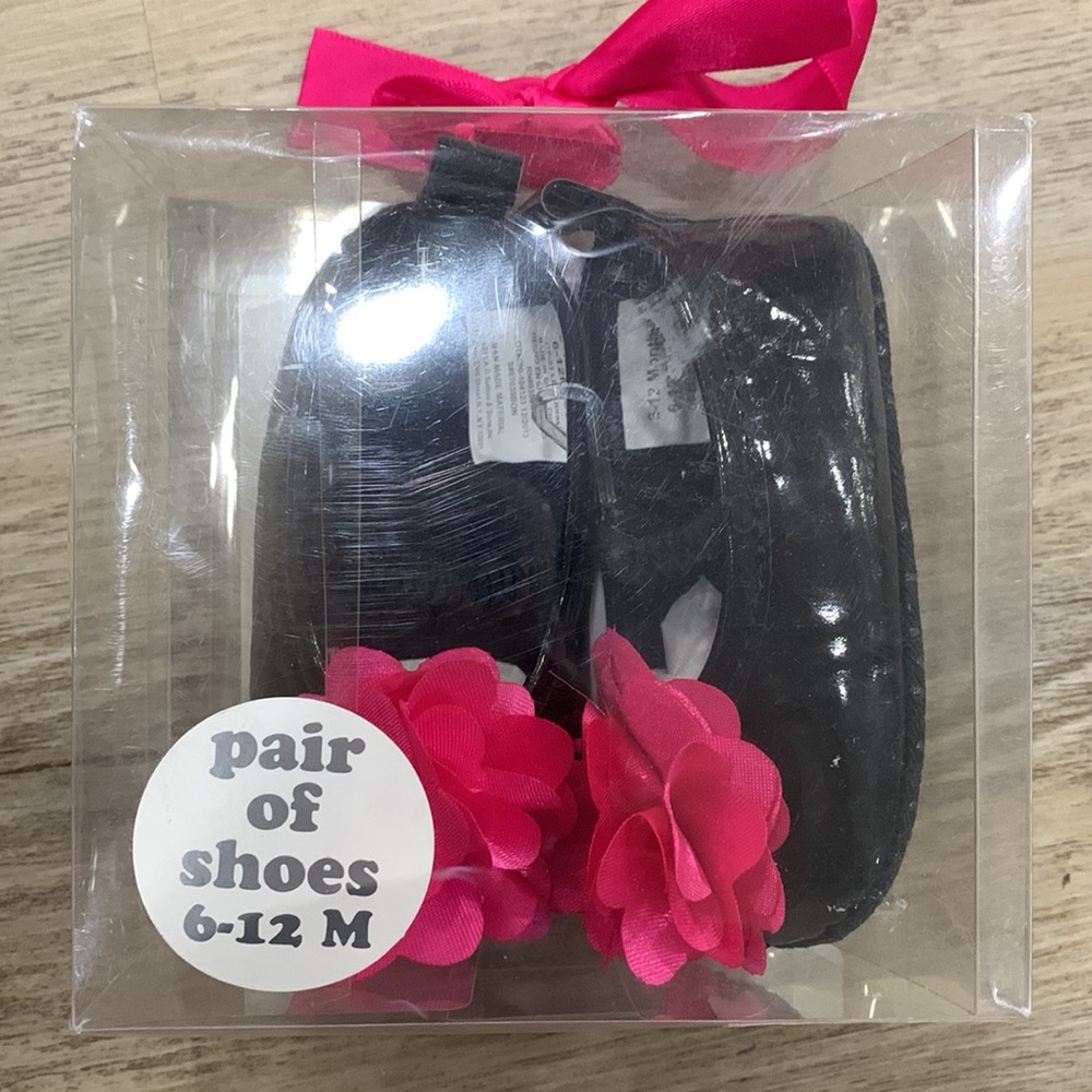 Black Shiny Nice Dress Close Toe Baby Toddler Sandals Pink Flower Brand New